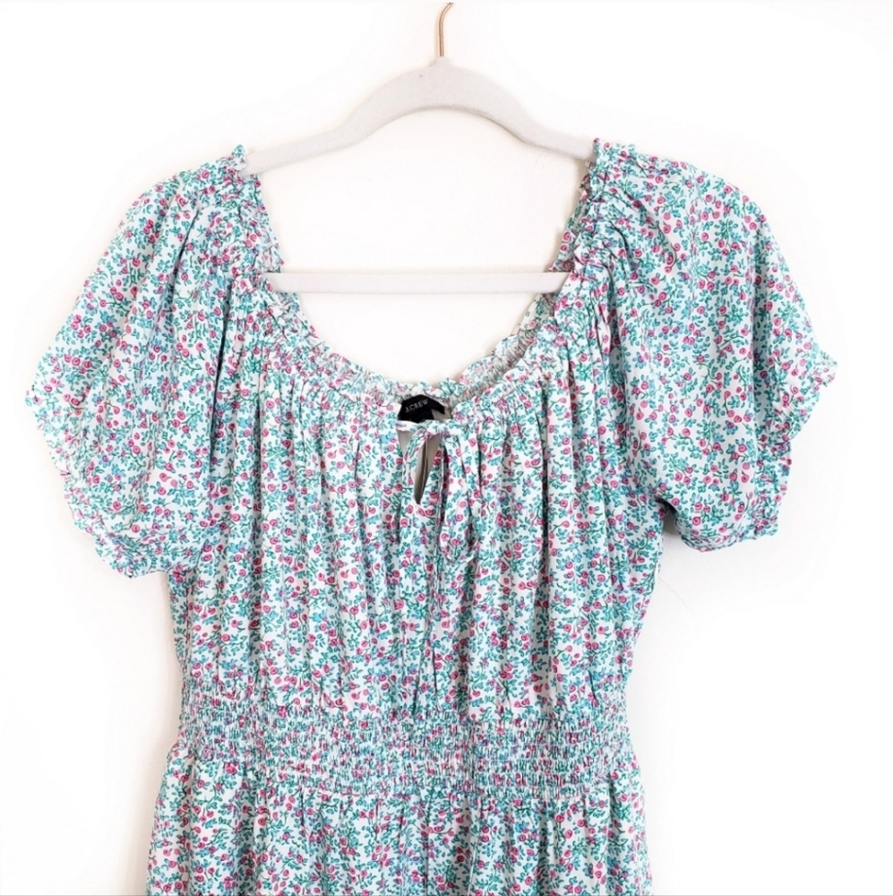 NWT J.Crew Puff-sleeve Midi in Ivory Larkspur Pink Smocked Tiered Dress 6 - Picture 4 of 8